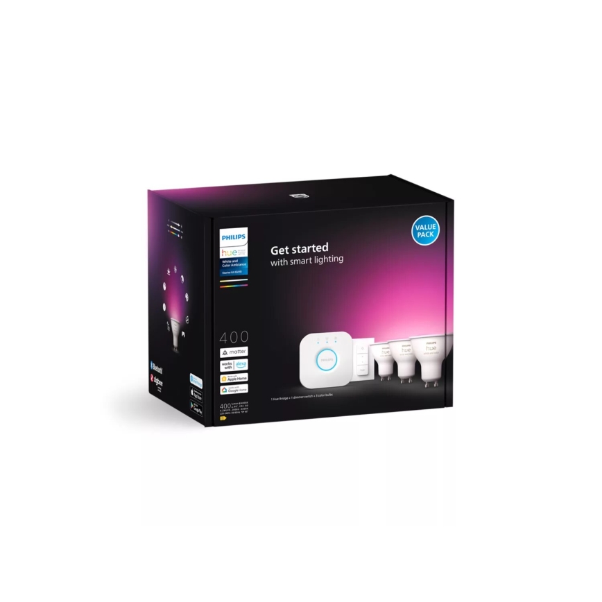 Philips Hue WHITE AND COLOR AMBIANCE Starterset 3xGU10/4,2W/230V 2000-6500K + Hue Bridge en dimmerschakelaar
