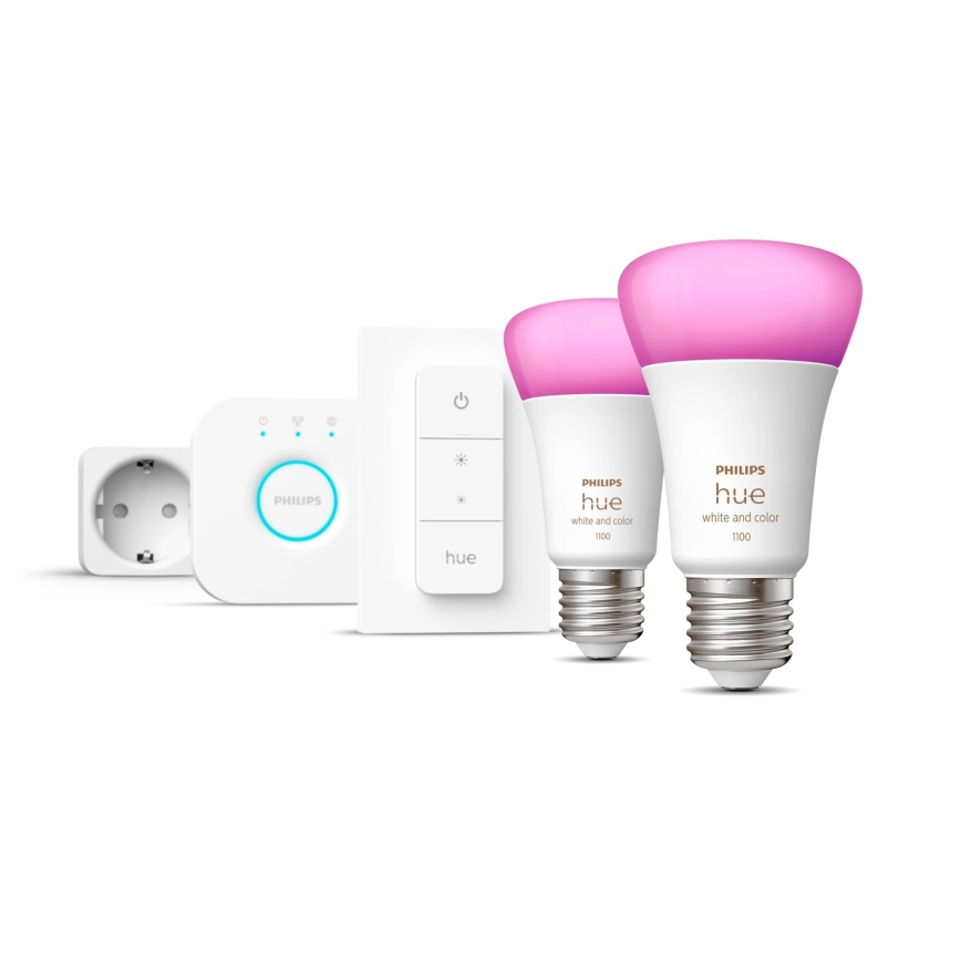 Startset Philips Hue WHITE AND COLOR AMBIANCE 2xE27/9W/230V 2200-6500K + slimme stekker, Hue bridge en dimmer switch