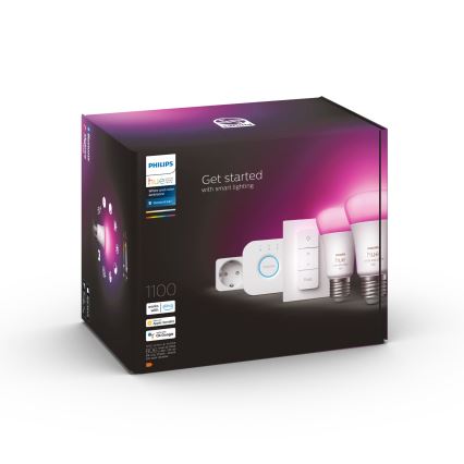 Startset Philips Hue WHITE AND COLOR AMBIANCE 2xE27/9W/230V 2200-6500K + slimme stekker, Hue bridge en dimmer switch