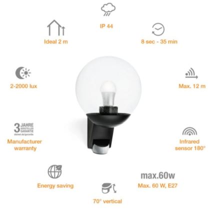 STEINEL 005535 - Zwarte Wandlamp met sensor voor buiten L585S 1xE27/60W IP44