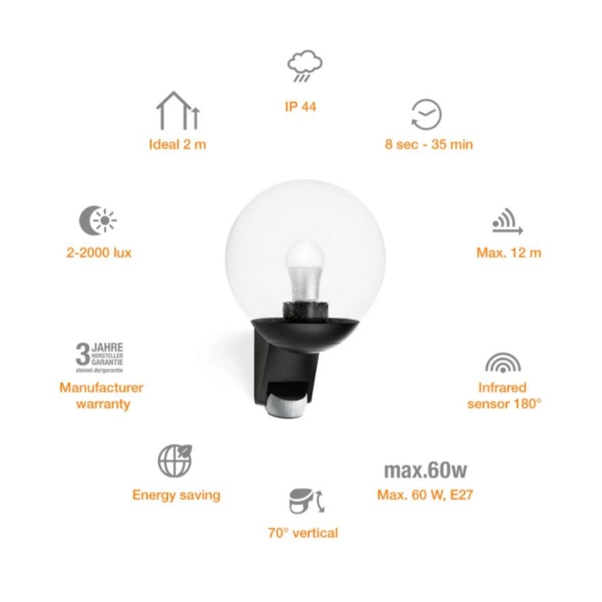 STEINEL 005535 - Zwarte Wandlamp met sensor voor buiten L585S 1xE27/60W IP44