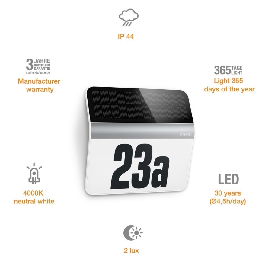 STEINEL 007140 - LED Solar verlicht huisnummer XSolar LH-N LED/0,03W roestvrij IP44 2500 mAh