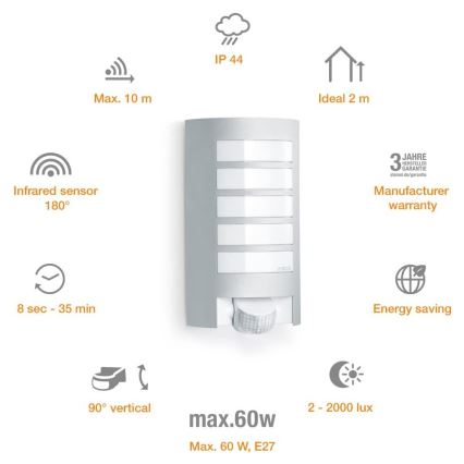 Steinel 657918 - L12S Wandlamp voor buiten met bewegingssensor 1xE27/60W/230V IP44
