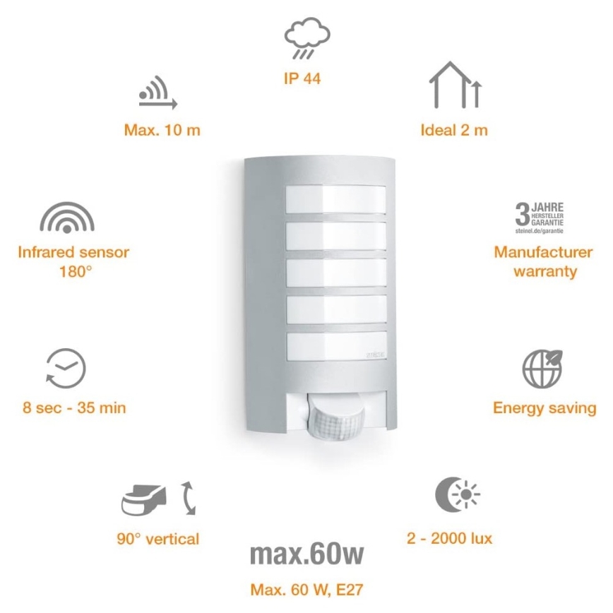 Steinel 657918 - L12S Wandlamp voor buiten met bewegingssensor 1xE27/60W/230V IP44