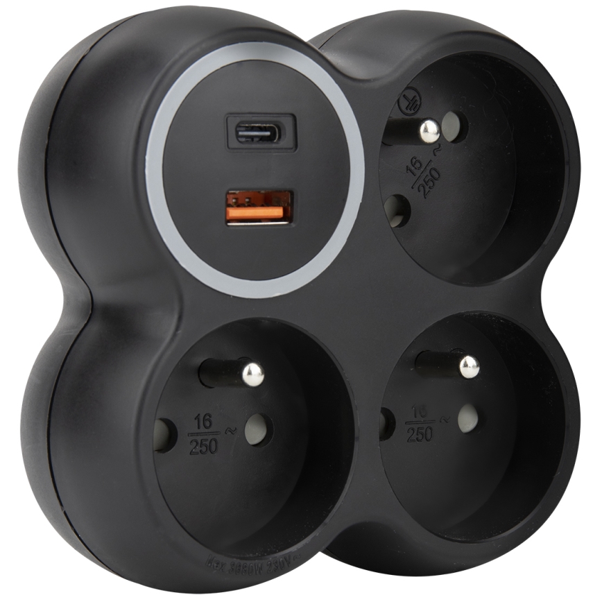 Stekkerdoos 3x 15A met USB-A en USB-C, zwart