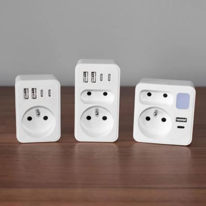 Stekkeradapter met 2 stopcontacten + USB-C + USB-A met geïntegreerde LED-verlichting LED/0,5W/230V 3000K