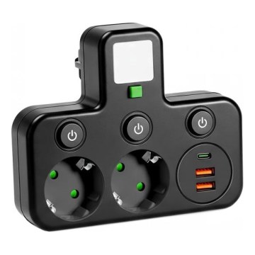 Stekkerdoos met schakelaar en LED-verlichting LINEA PRO 2Z + 3xUSB A/C SCHUKO 4000K zwart