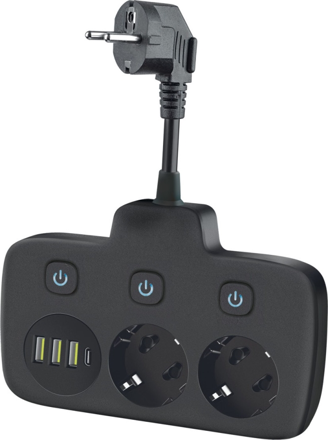 Stekkerdoos met schakelaar LINEA 2x230V + 4x USB-A/C SCHUKO zwart