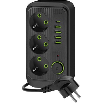 Stekkerdoos met schakelaar LINEA 3x230V + 5xUSB A/C SCHUKO 3 m zwart