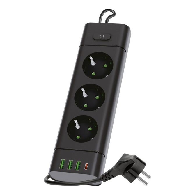Stekkerdoos met schakelaar LINEA PRO 3x230V+3xUSB-A + 1xUSB-C SCHUKO 1,5 m zwart