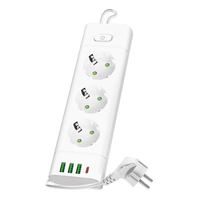 Stekkerdoos met schakelaar LINEA PRO 3x230V + 3xUSB-A + 1xUSB-C SCHUKO 3 m wit