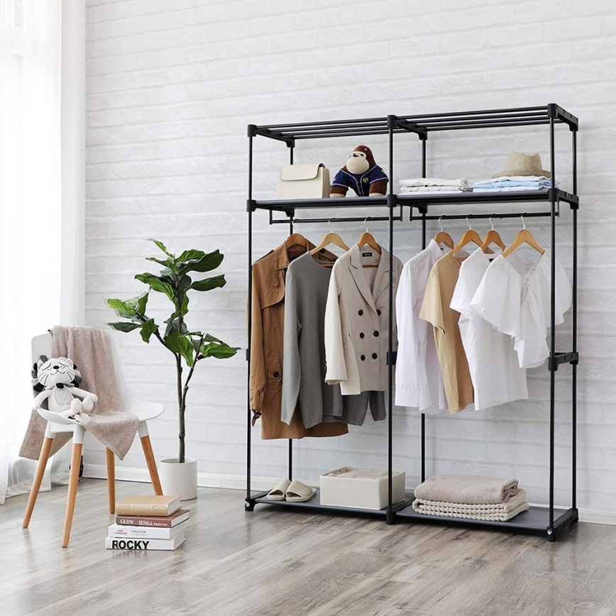 Stoffen kledingkast MATIS 140 x 174 cm, grijs, met planken en kledingstang