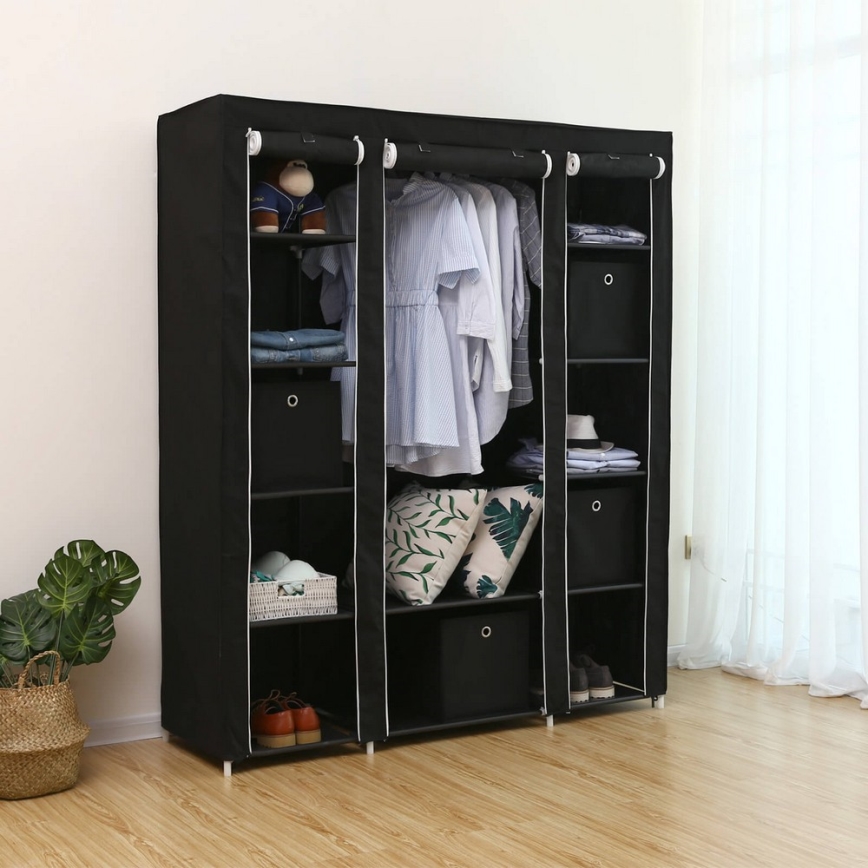 Stoffen opbergkast met planken en kledingstang MATIS 150x175 cm, zwart
