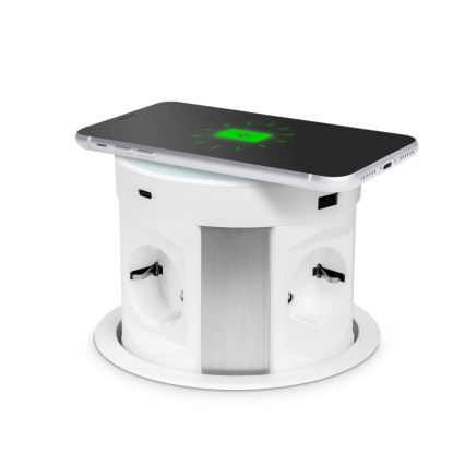 Inbouw-stroomzuil voor tafelblad met draadloos opladen 4x230V + 2xUSB-A + 2xUSB-C wit