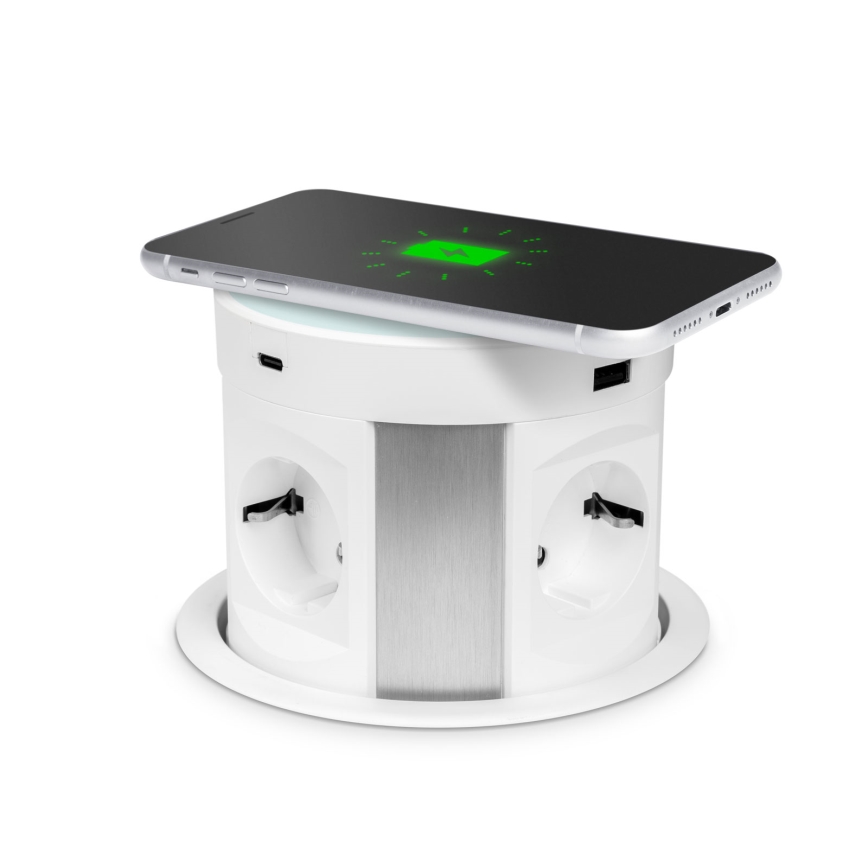 Inbouw-stroomzuil voor tafelblad met draadloos opladen 4x230V + 2xUSB-A + 2xUSB-C wit