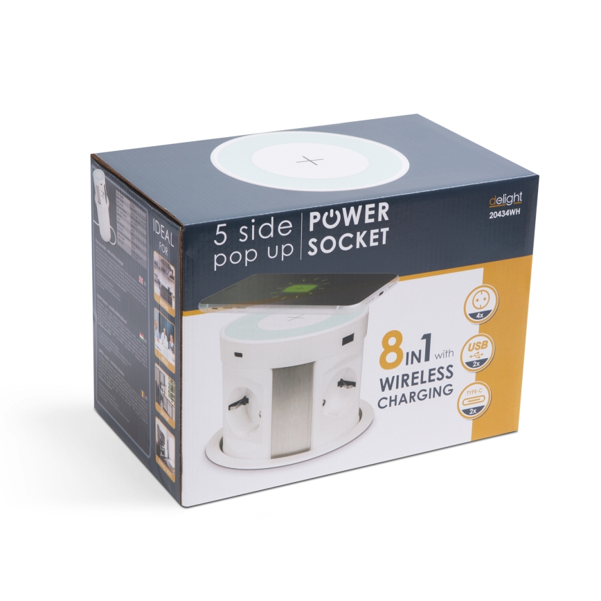 Inbouw-stroomzuil voor tafelblad met draadloos opladen 4x230V + 2xUSB-A + 2xUSB-C wit