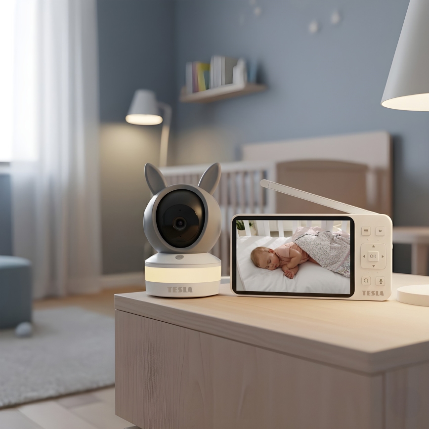 TESLA Electronics Bambino - Slimme babyfoon met monitor 4 MP 2560p 5 V 5000 mAh Wi‑Fi Tuya grijs/wit