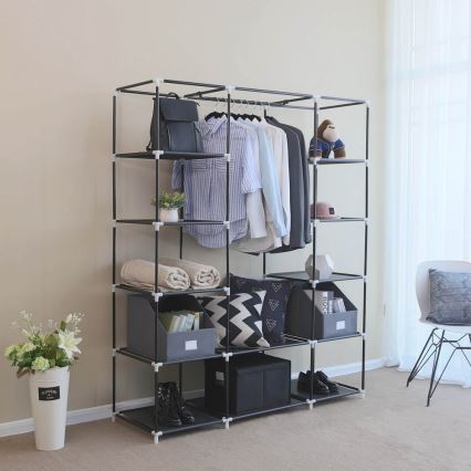 Textielkast MATIS met planken en kledingstang 150x175x45 cm zwart