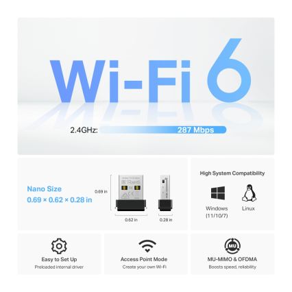 TP-Link - Draadloze Wi-Fi 6 USB-nano-adapter Archer TX1U Nano