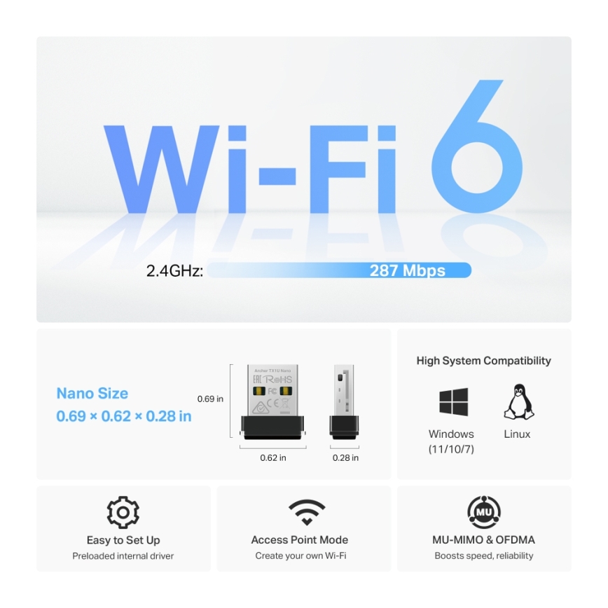 TP-Link - Draadloze Wi-Fi 6 USB-nano-adapter Archer TX1U Nano