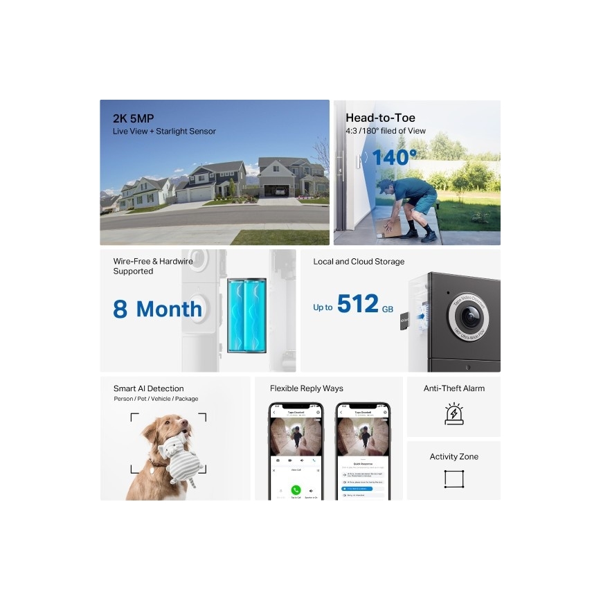 TP-Link - Slimme video-deurbel met sensor 2K 10000 mAh IP66 Wi-Fi