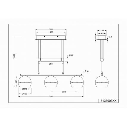 Trio - Hanglamp aan een koord FLETCHER 3xE14/40W/230V mat chroom