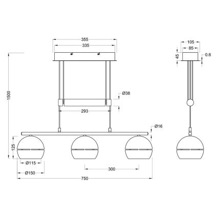 Trio - Hanglamp aan een koord FLETCHER 3xE14/40W/230V messing