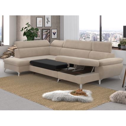 U-vormige hoekbank met opbergruimte CATANIA links, beige, uitschuifbaar