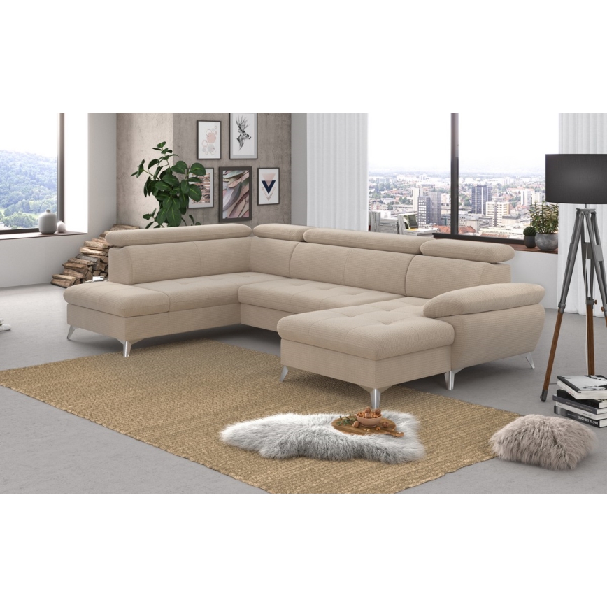 U-vormige opvouwbare hoekbank met opbergruimte CATANIA links beige