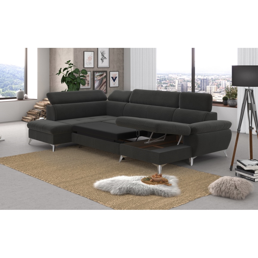 U-vormige hoekbank met opbergruimte CATANIA links, grafietkleurig