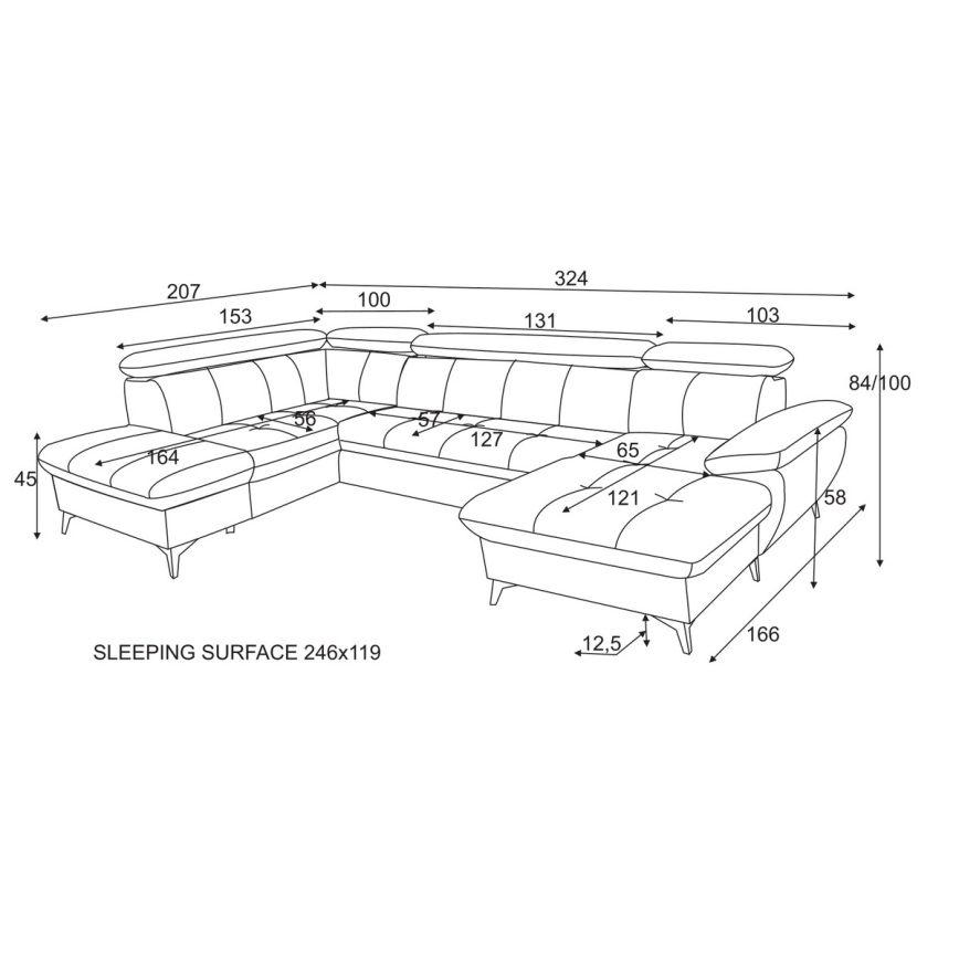 U-vormige hoekbank met opbergruimte CATANIA links, grafietkleurig