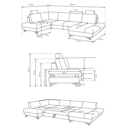 U-vormige, gestoffeerde hoekbank AVESTA met slaapfunctie en opbergruimte, blauw