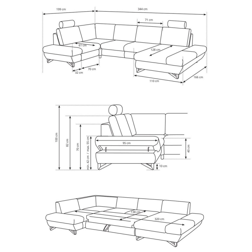 U-vormige gestoffeerde hoekbank AVESTA met uitklapbare slaapfunctie en opbergruimte, antraciet