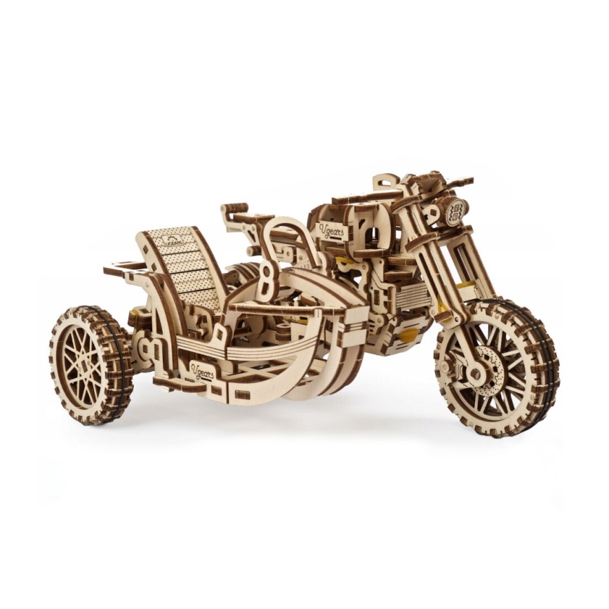 Ugears - 3D houten mechanische puzzel Scrambler-motorfiets met kar