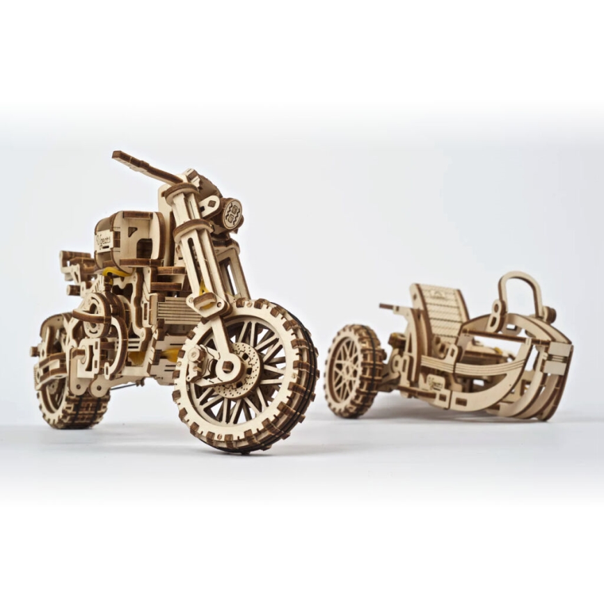 Ugears - 3D houten mechanische puzzel Scrambler-motorfiets met kar