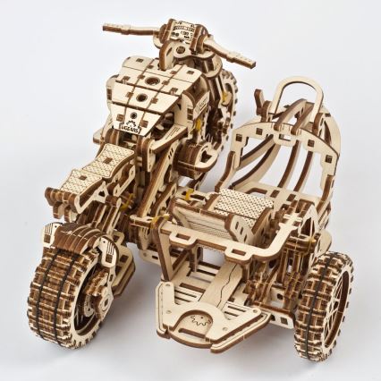 Ugears - 3D houten mechanische puzzel Scrambler-motorfiets met kar