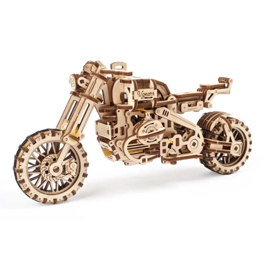 Ugears - 3D houten mechanische puzzel Scrambler-motorfiets met kar