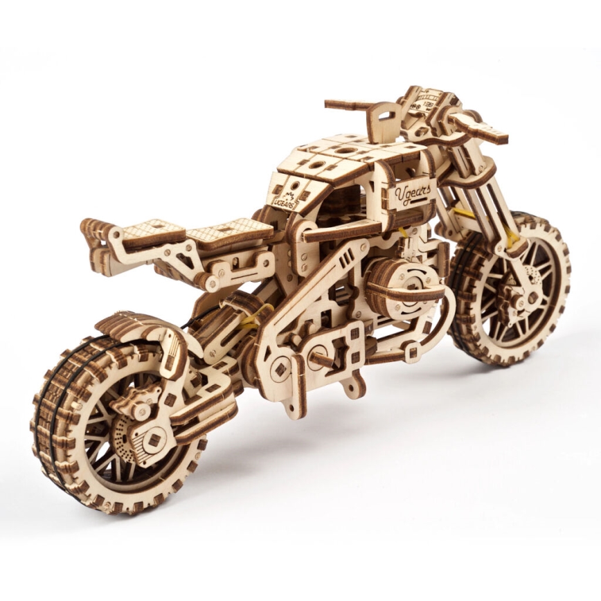 Ugears - 3D houten mechanische puzzel Scrambler-motorfiets met kar