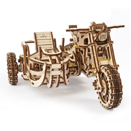 Ugears - 3D houten mechanische puzzel Scrambler-motorfiets met kar