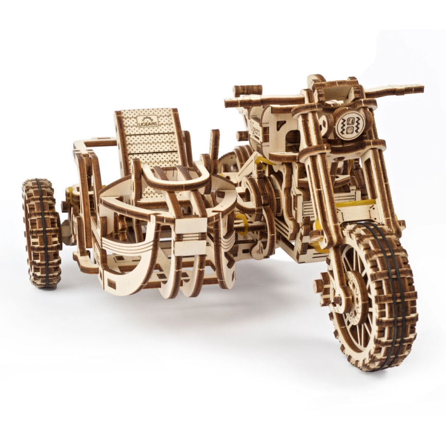 Ugears - 3D houten mechanische puzzel Scrambler-motorfiets met kar