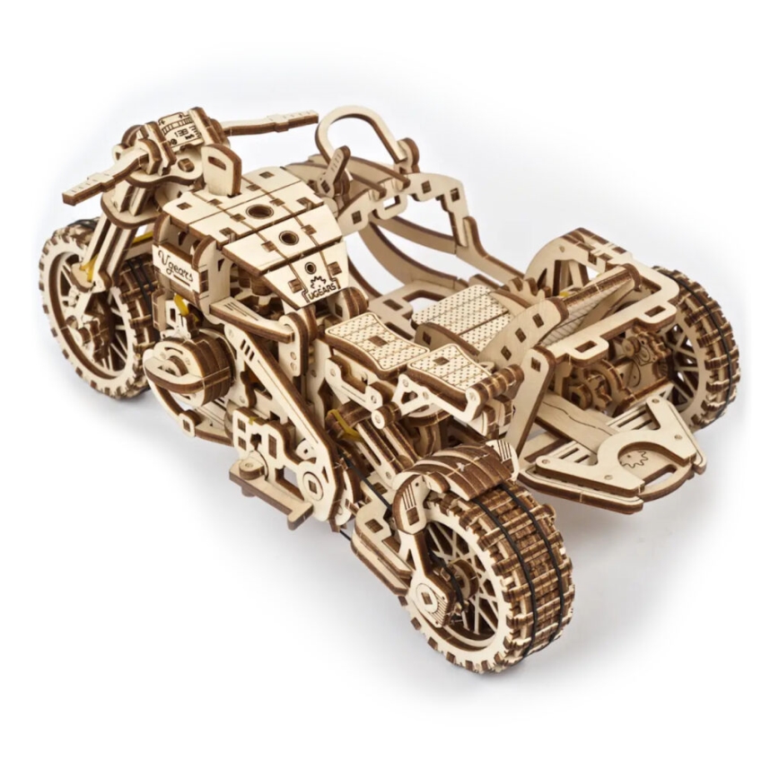Ugears - 3D houten mechanische puzzel Scrambler-motorfiets met kar