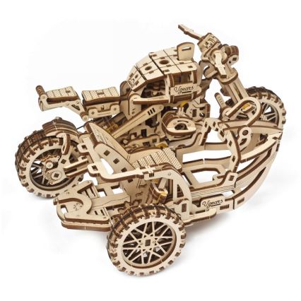 Ugears - 3D houten mechanische puzzel Scrambler-motorfiets met kar