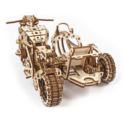 Ugears - 3D houten mechanische puzzel Scrambler-motorfiets met kar