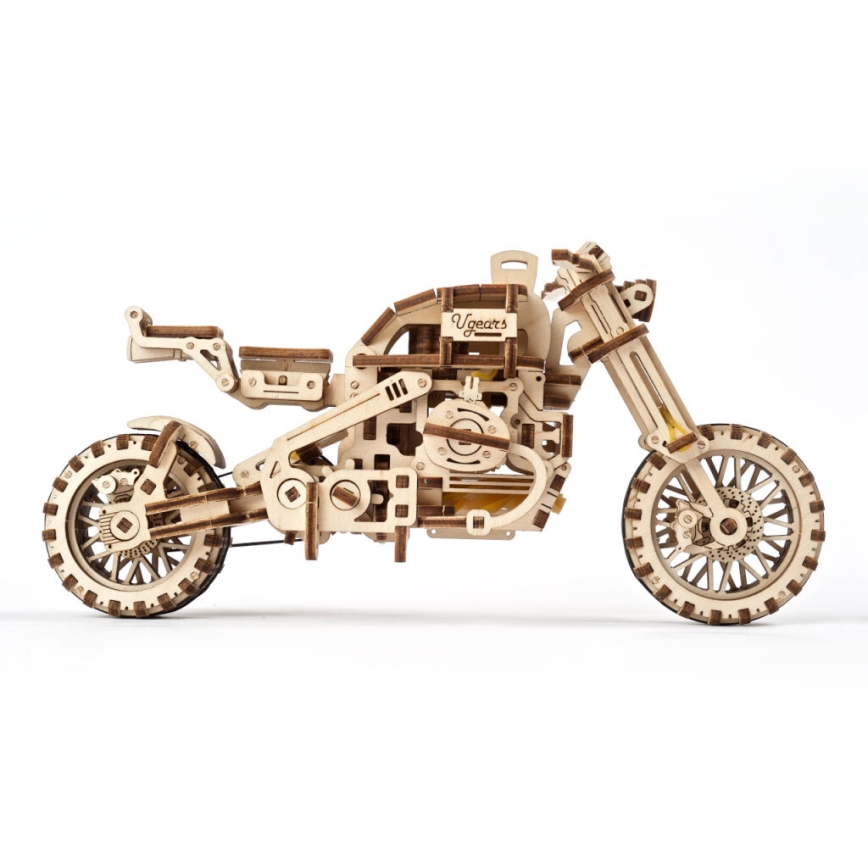 Ugears - 3D houten mechanische puzzel Scrambler-motorfiets met kar