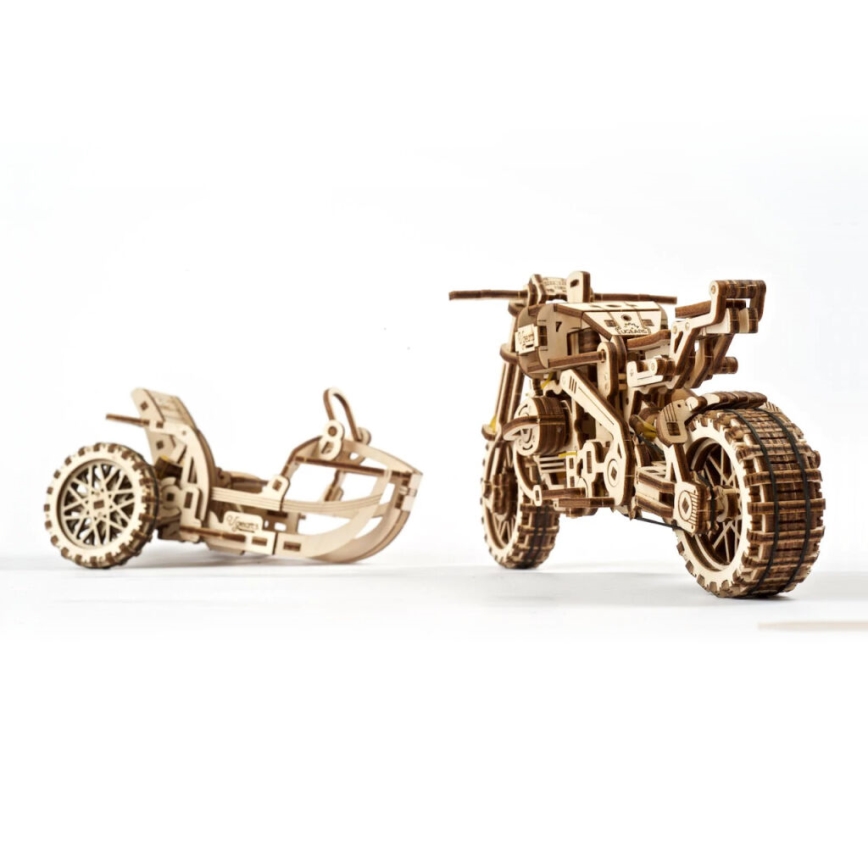 Ugears - 3D houten mechanische puzzel Scrambler-motorfiets met kar