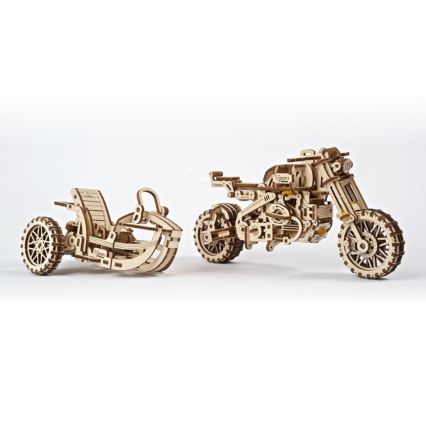 Ugears - 3D houten mechanische puzzel Scrambler-motorfiets met kar
