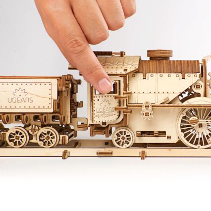 Ugears - 3D houten mechanische puzzel V-Express stoomlocomotief met tender