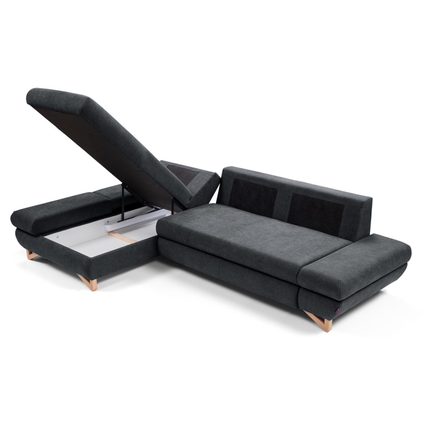 Uitklapbare gestoffeerde L‑vormige hoekbank AVESTA, links, antraciet, met opbergruimte