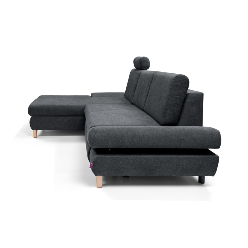 Uitklapbare gestoffeerde L‑vormige hoekbank AVESTA, links, antraciet, met opbergruimte