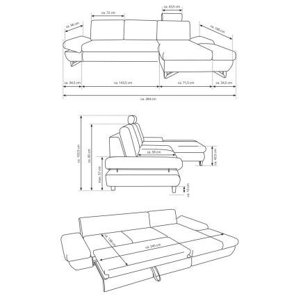 Uitklapbare gestoffeerde L‑vormige hoekbank AVESTA, links, antraciet, met opbergruimte